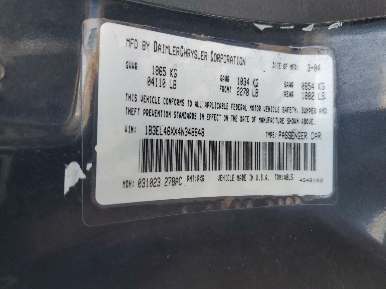 1B3EL46XX4N348648 2004 Dodge Stratus Sxt