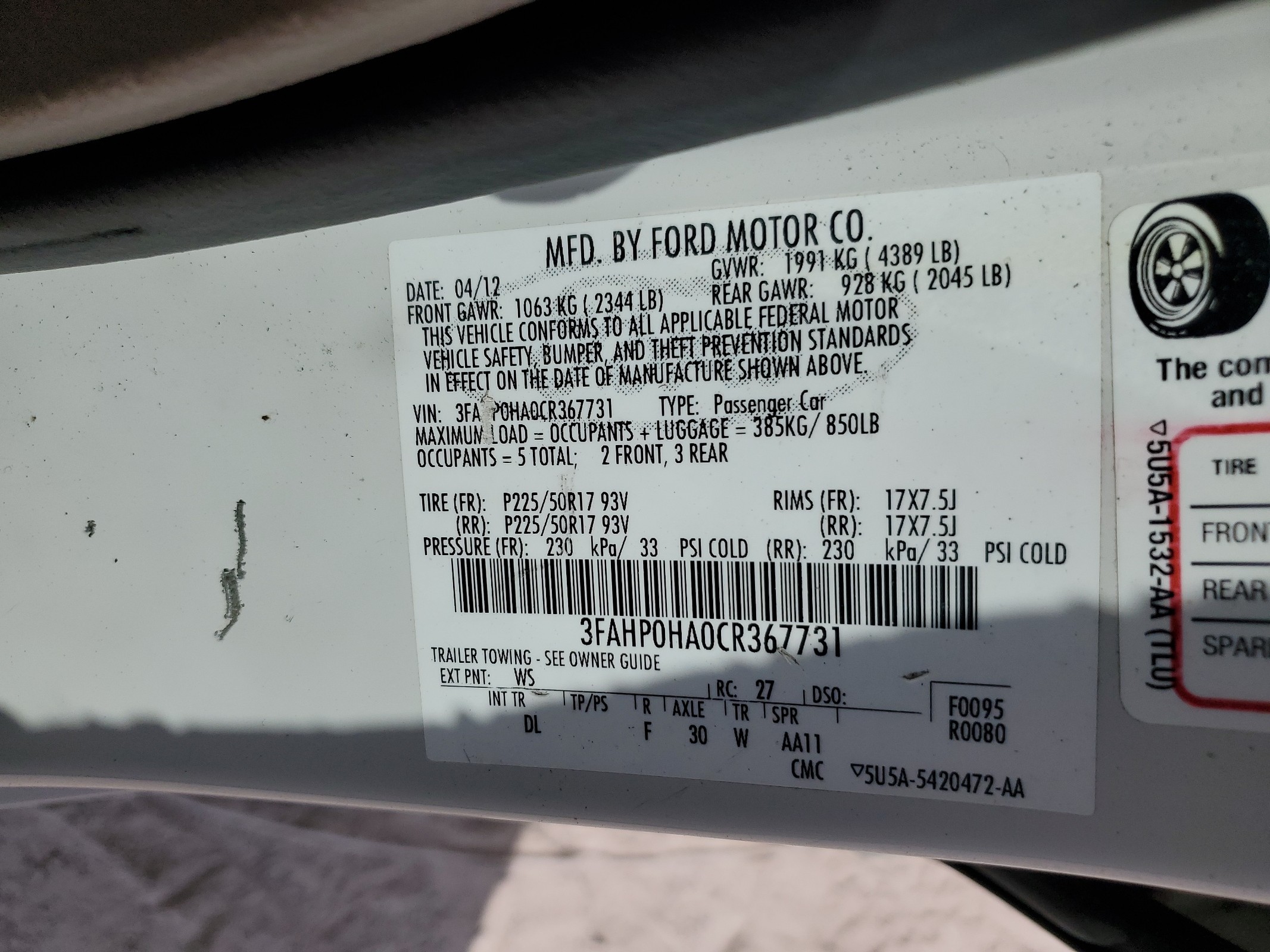 3FAHP0HA0CR367731 2012 Ford Fusion Se