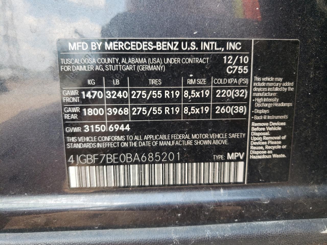 2011 Mercedes-Benz Gl 450 4Matic VIN: 4JGBF7BE0BA685201 Lot: 66957064