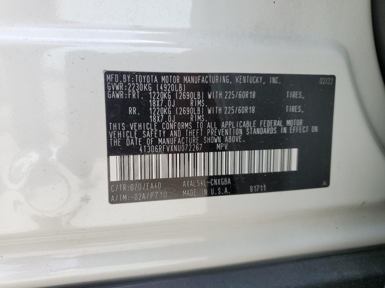 2022 Toyota Rav4 Limited VIN: 4T3D6RFVXNU072267 Lot: 65652494