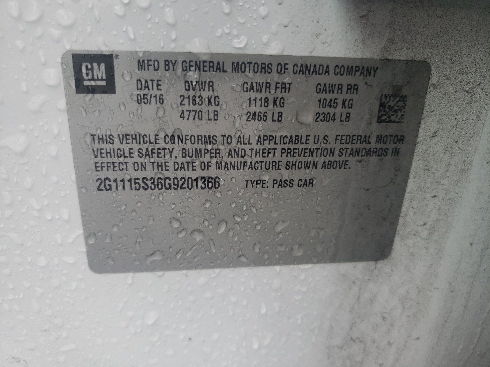 2G1115S36G9201366 2016 Chevrolet Impala Lt