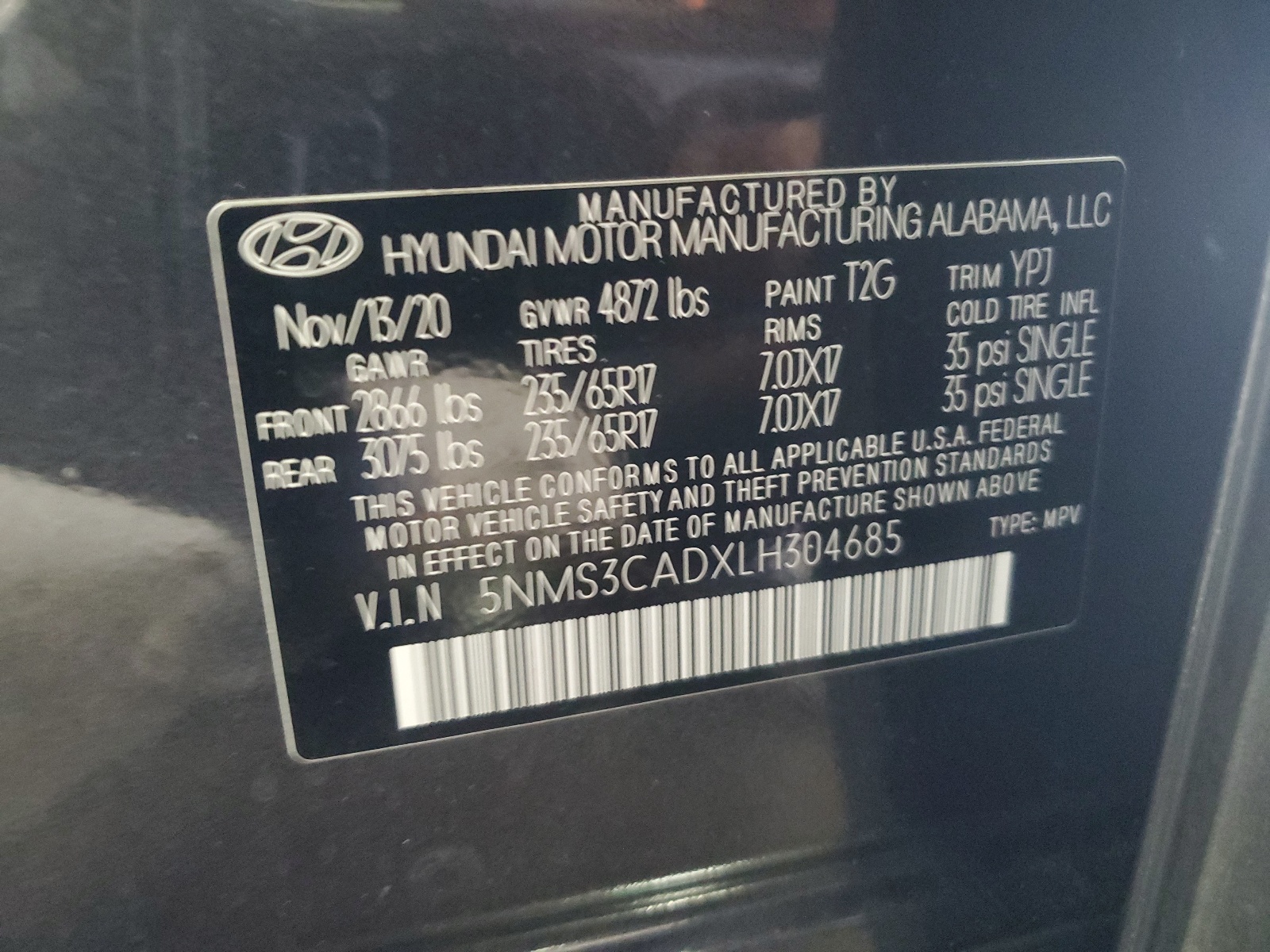 5NMS3CADXLH304685 2020 Hyundai Santa Fe Sel