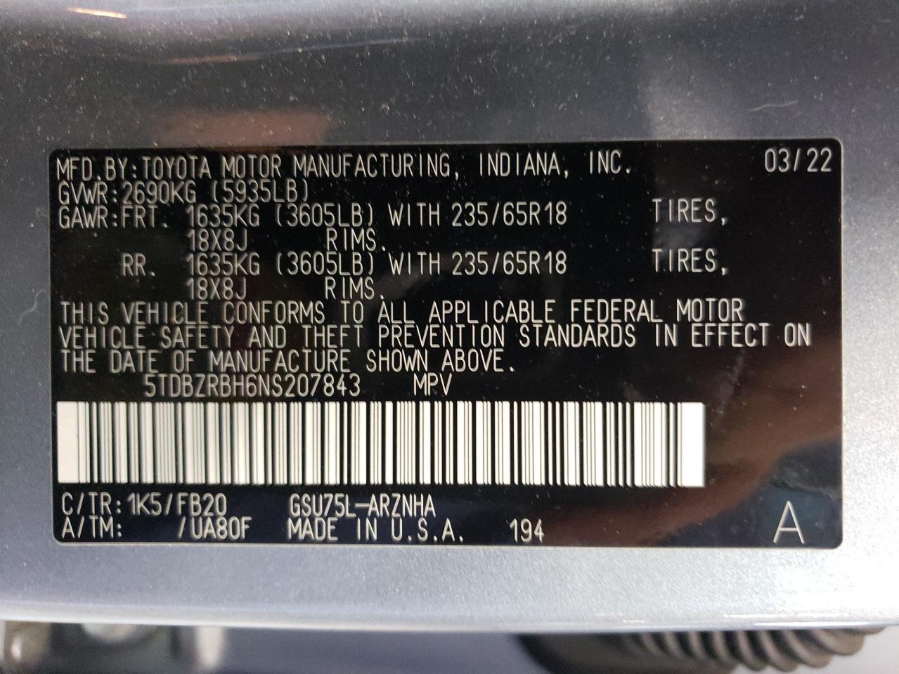 2022 Toyota Highlander L VIN: 5TDBZRBH6NS207843 Lot: 65109864