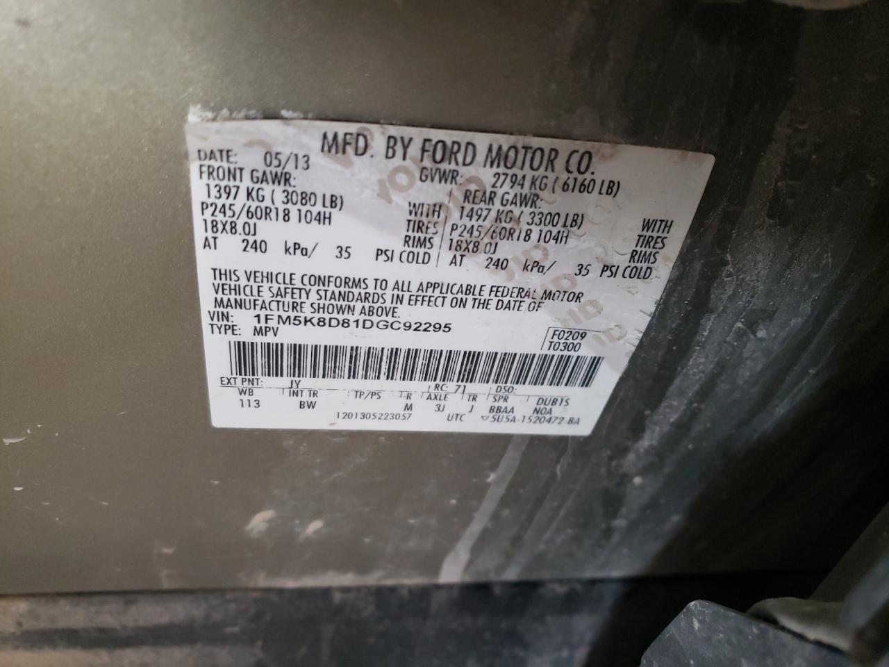 2013 Ford Explorer Xlt VIN: 1FM5K8D81DGC92295 Lot: 65715434