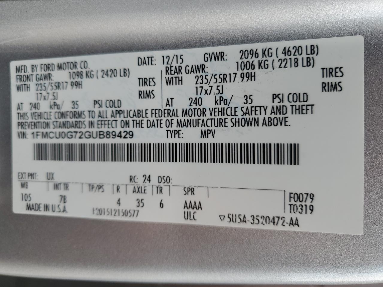 2016 Ford Escape Se VIN: 1FMCU0G72GUB89429 Lot: 65812264