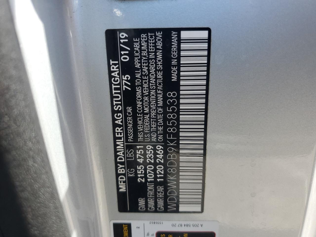 2019 Mercedes-Benz C 300 VIN: WDDWK8DB9KF858538 Lot: 66982464