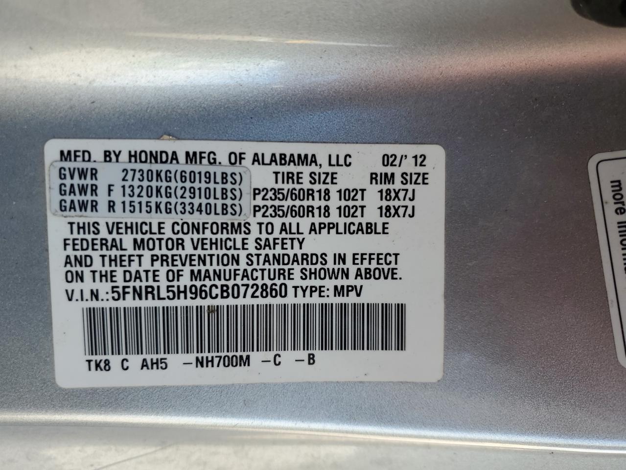 5FNRL5H96CB072860 2012 Honda Odyssey Touring