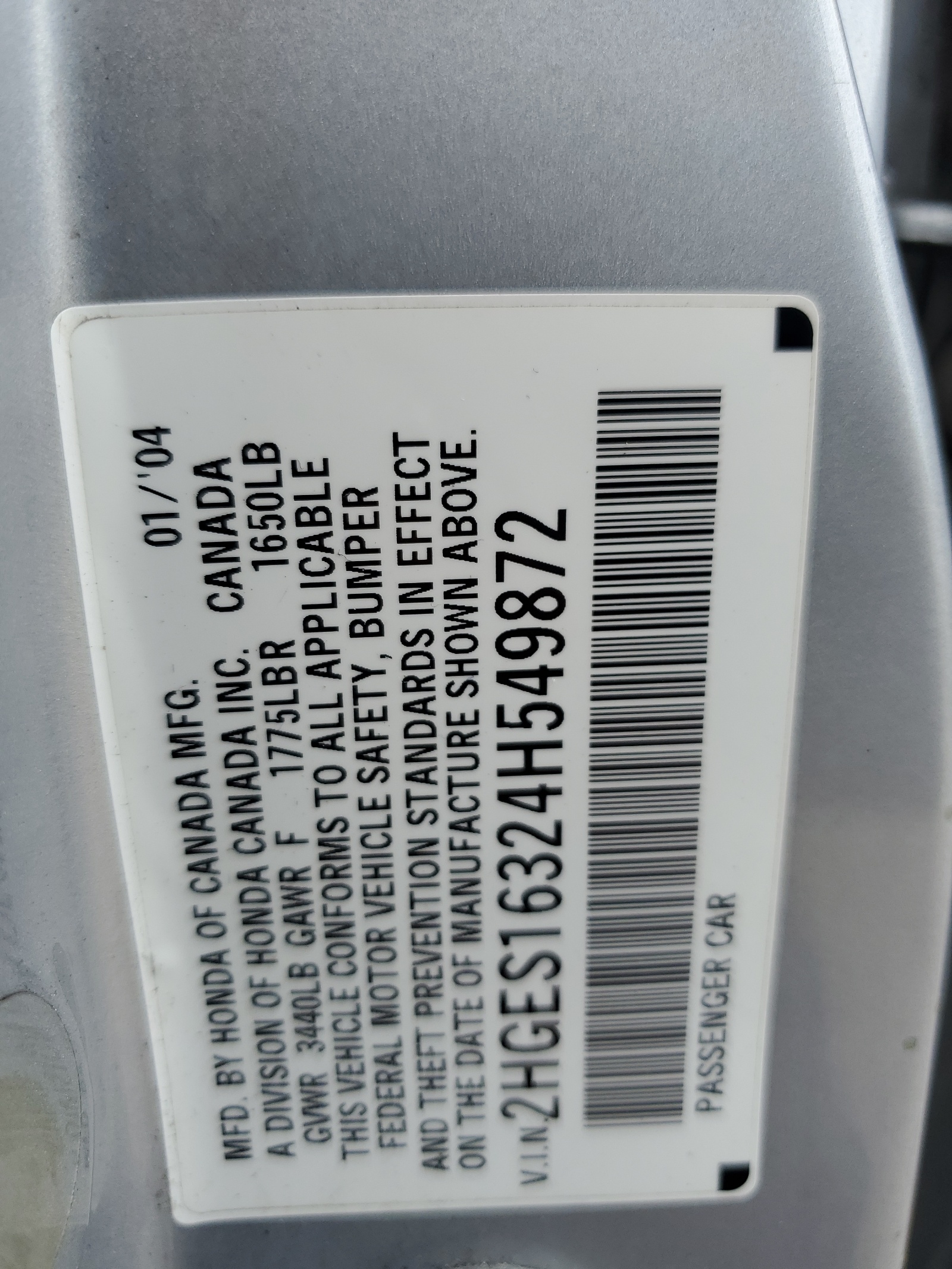 2HGES16324H549872 2004 Honda Civic Dx Vp