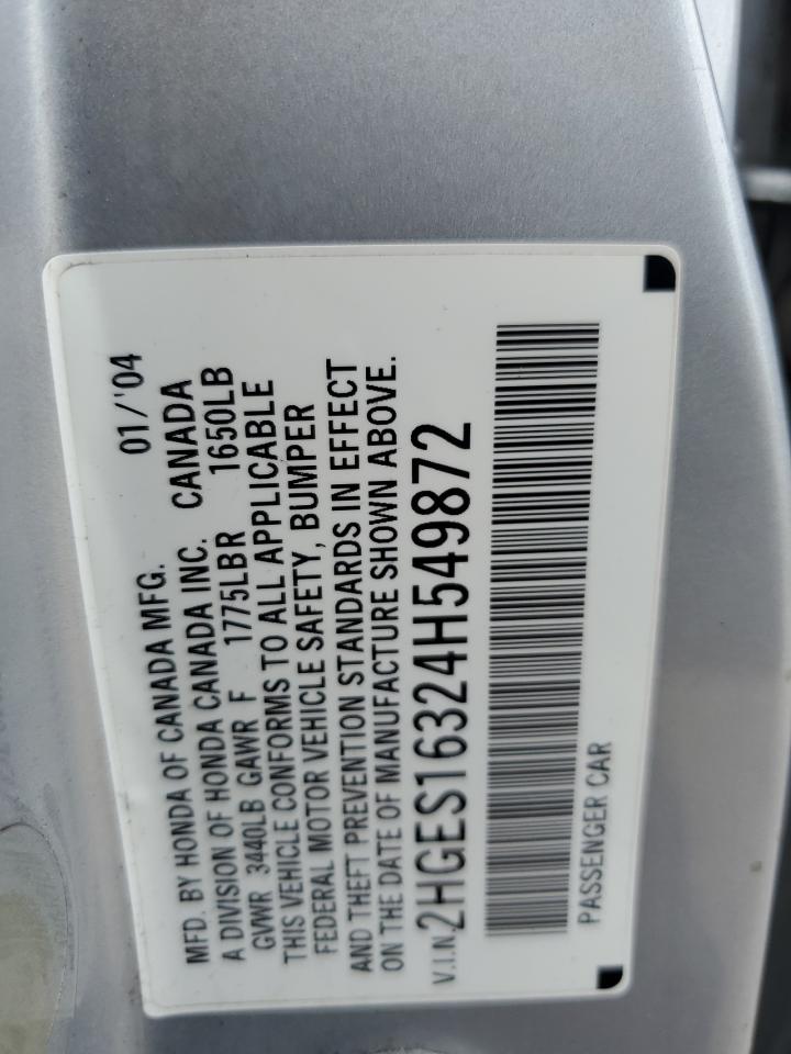 2004 Honda Civic Dx Vp VIN: 2HGES16324H549872 Lot: 67575064