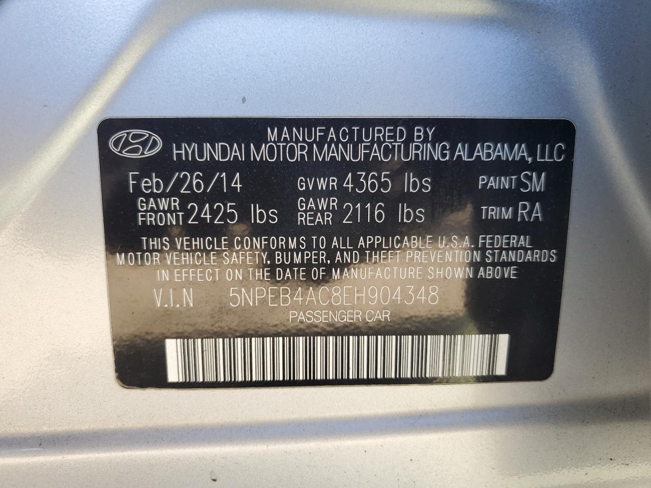 5NPEB4AC8EH904348 2014 Hyundai Sonata Gls