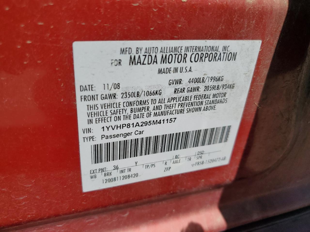 2009 Mazda 6 I VIN: 1YVHP81A295M41157 Lot: 69231614