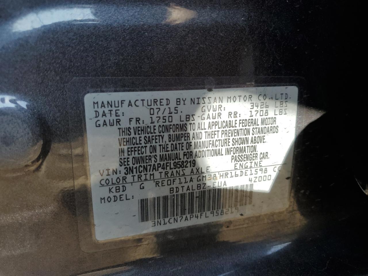 3N1CN7AP4FL958219 2015 Nissan Versa S