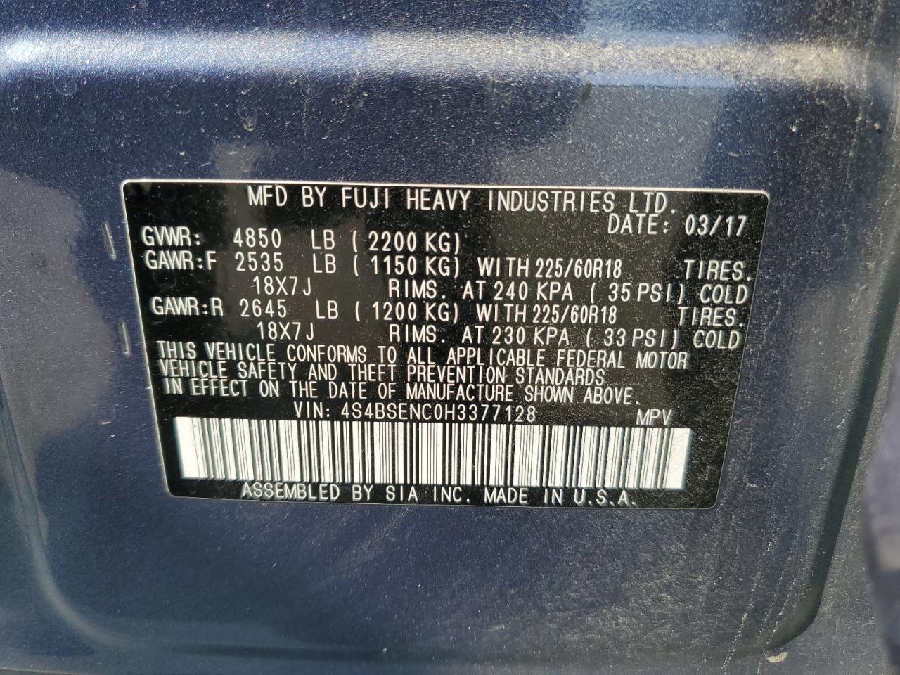 2017 Subaru Outback 3.6R Limited VIN: 4S4BSENC0H3377128 Lot: 67110504