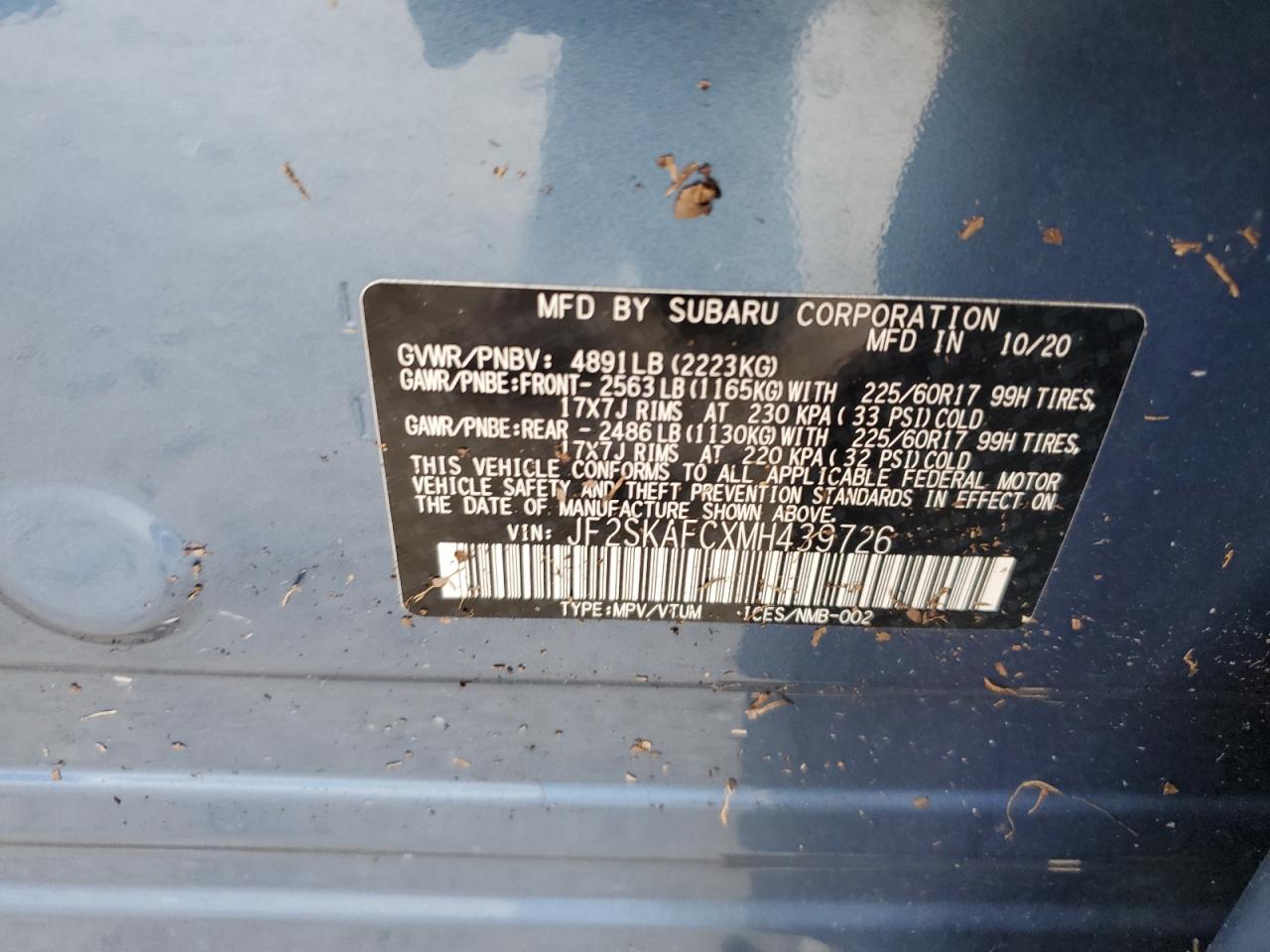 2021 Subaru Forester Premium VIN: JF2SKAFCXMH439726 Lot: 66665164