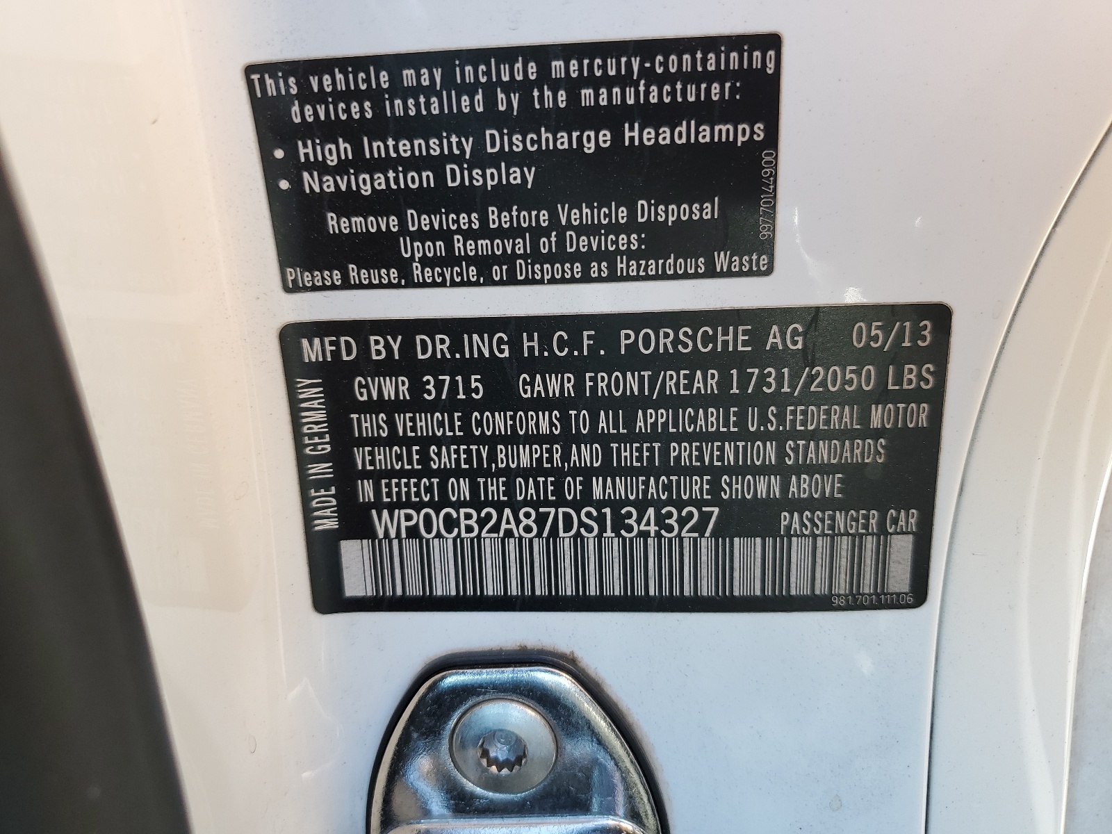 WP0CB2A87DS134327 2013 Porsche Boxster S