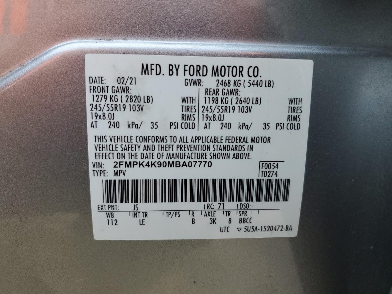 2021 Ford Edge Titanium VIN: 2FMPK4K90MBA07770 Lot: 66533994