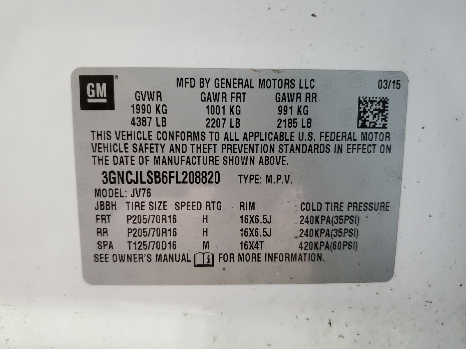 3GNCJLSB6FL208820 2015 Chevrolet Trax 1Lt