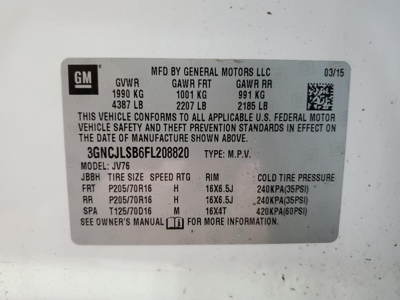 2015 Chevrolet Trax 1Lt VIN: 3GNCJLSB6FL208820 Lot: 66263044