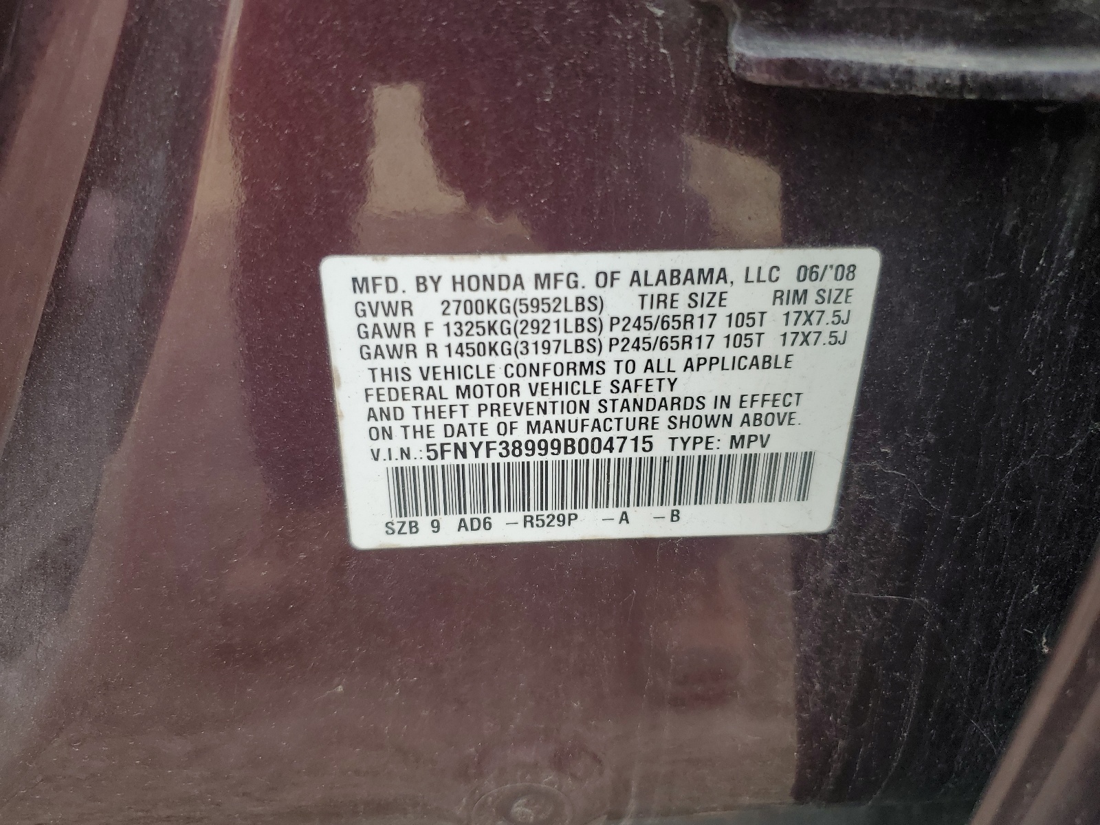 5FNYF38999B004715 2009 Honda Pilot Touring