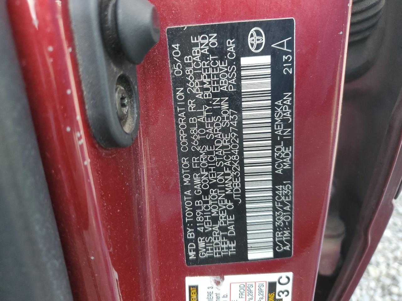 2004 Toyota Camry Le VIN: JTDBE32K840297437 Lot: 68136294