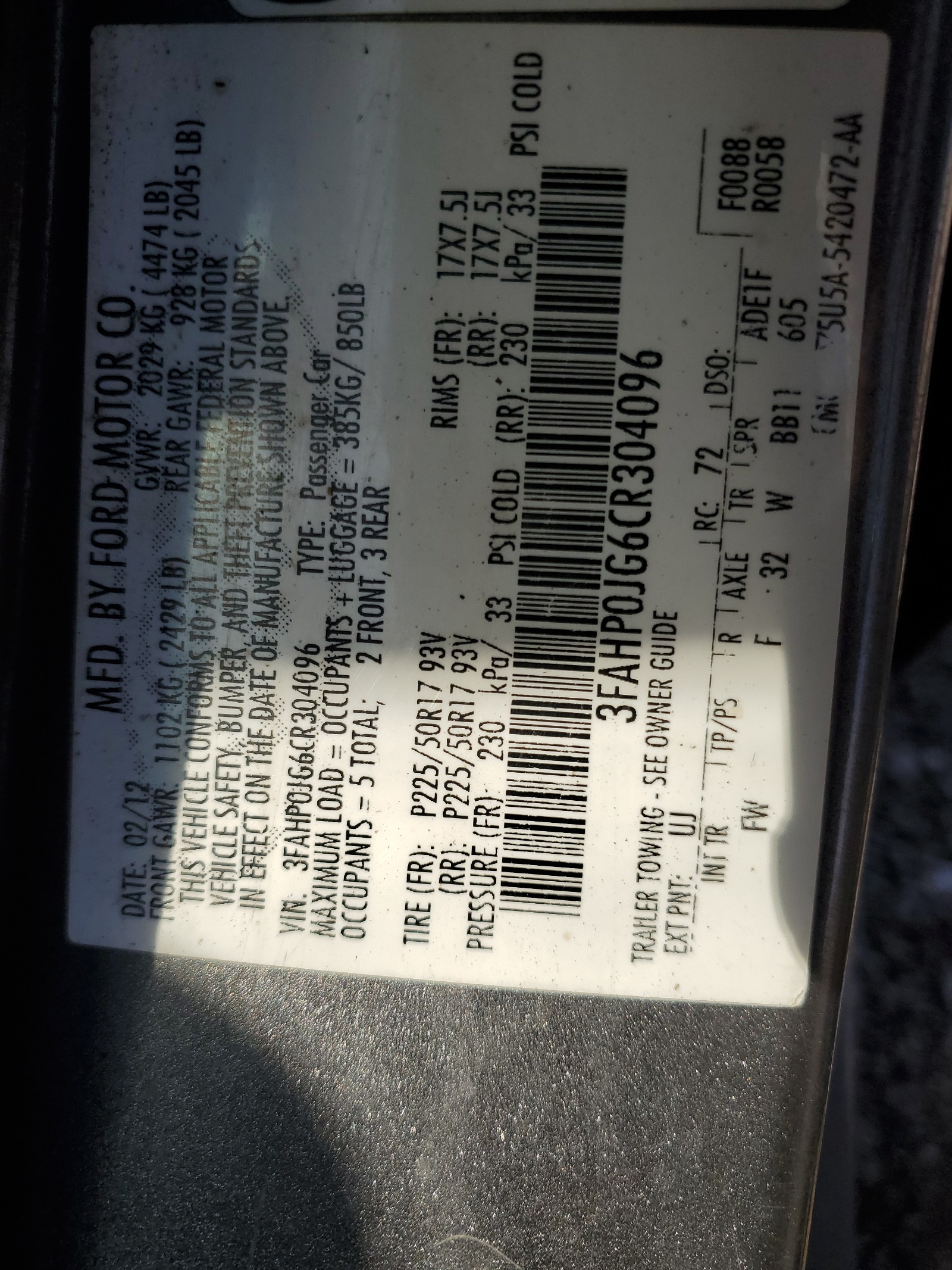 3FAHP0JG6CR304096 2012 Ford Fusion Sel