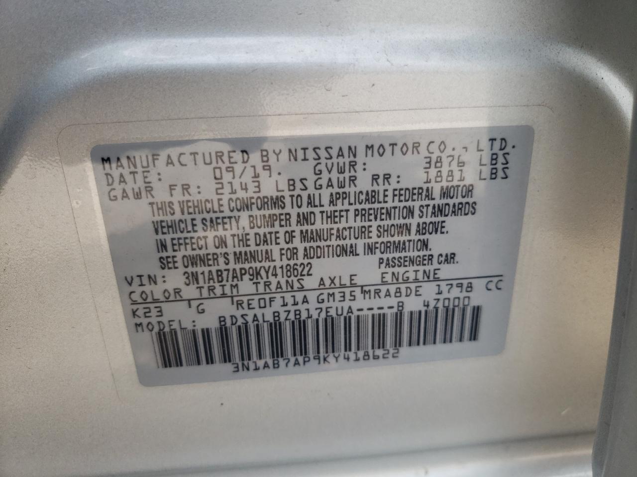 3N1AB7AP9KY418622 2019 Nissan Sentra S