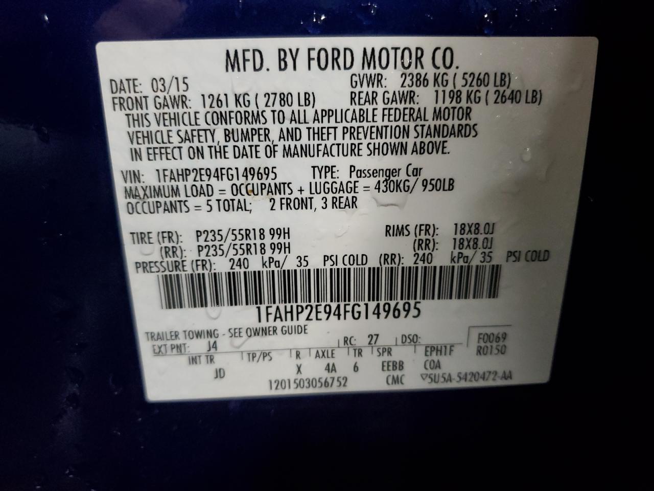 2015 Ford Taurus Sel VIN: 1FAHP2E94FG149695 Lot: 65609184