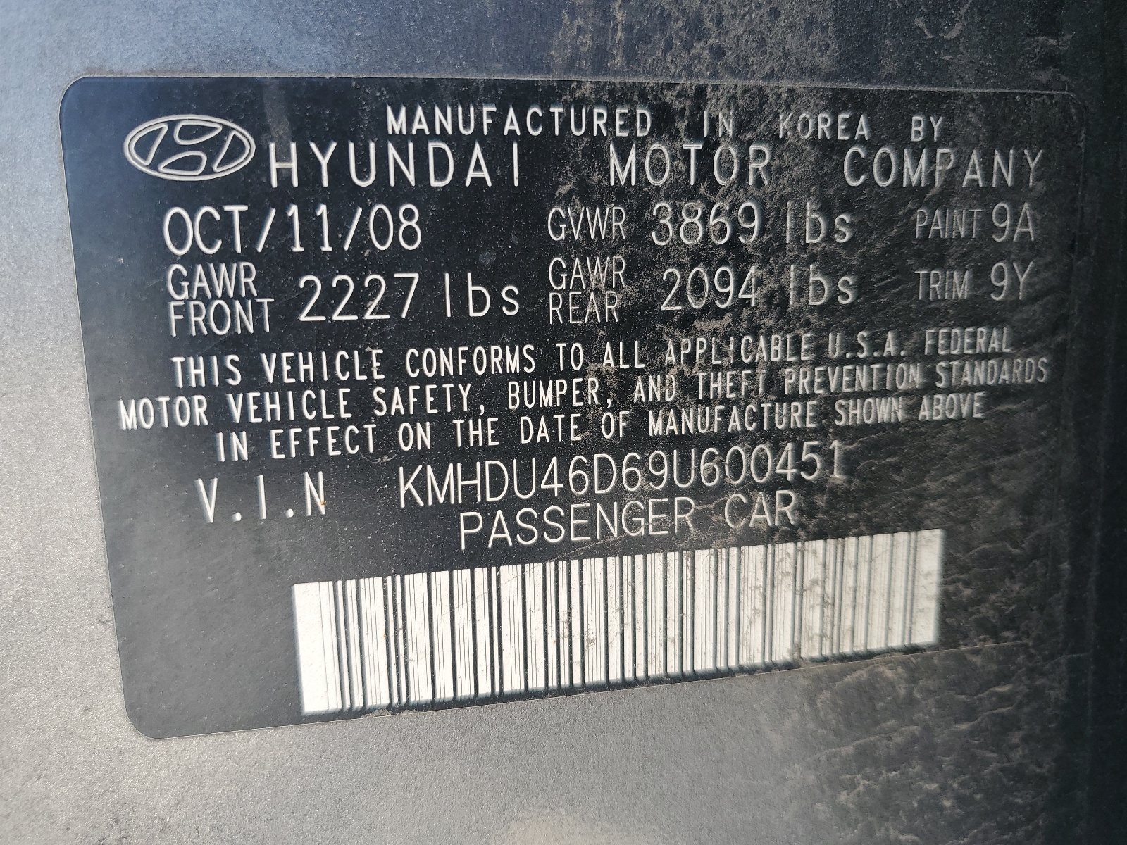 KMHDU46D69U600451 2009 Hyundai Elantra Gls