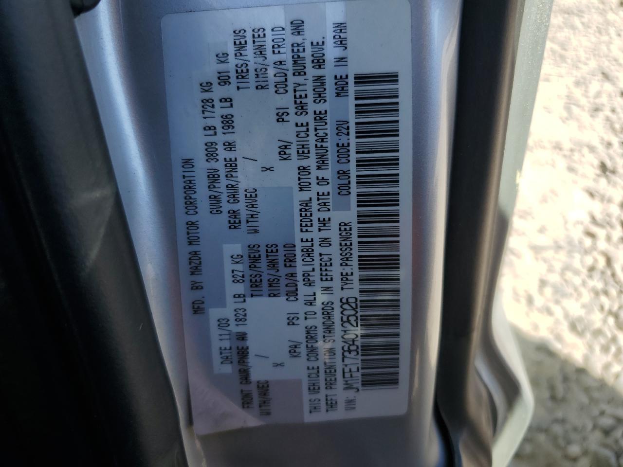 2004 Mazda Rx8 VIN: JM1FE173640125026 Lot: 68066524