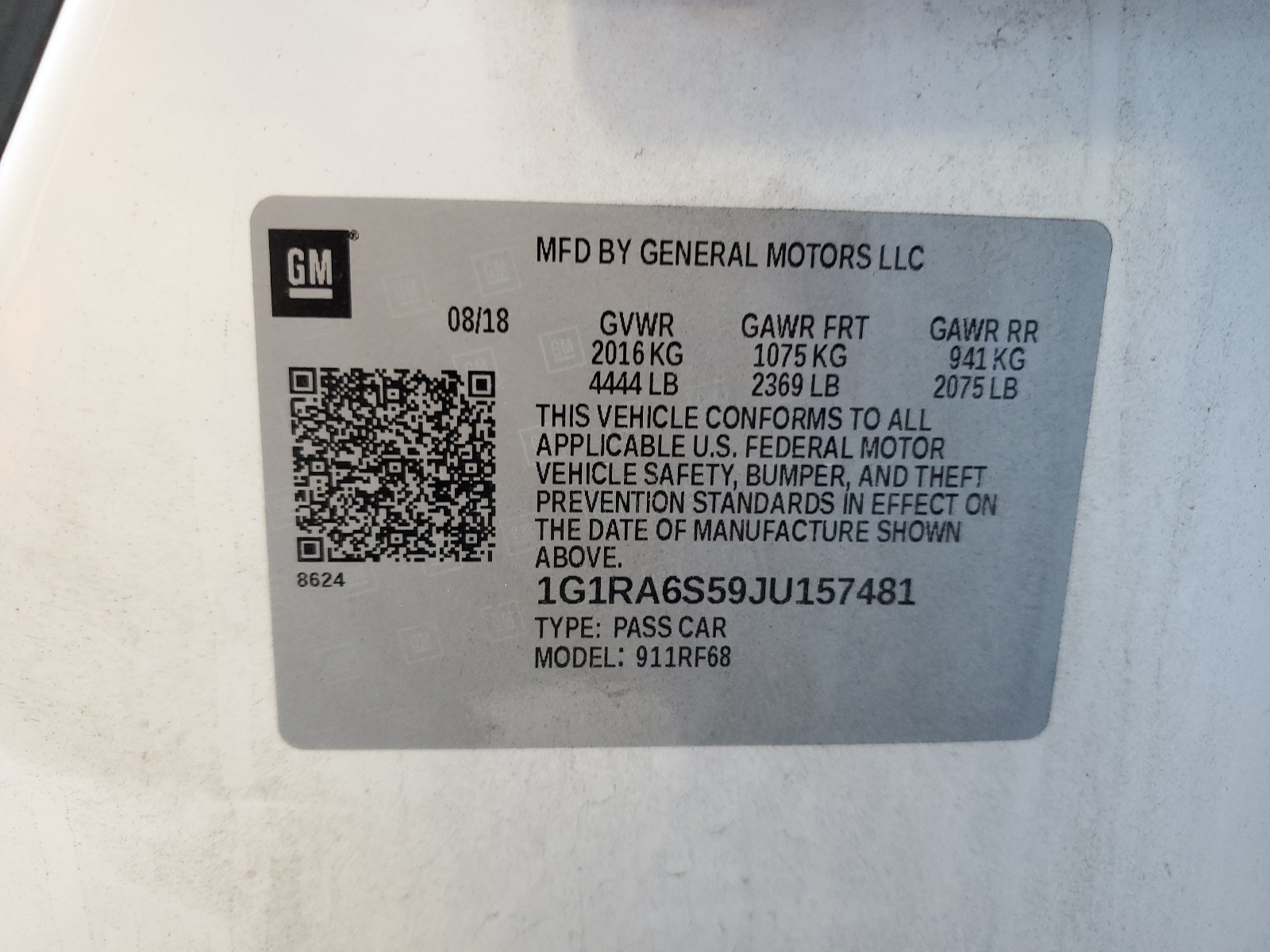 1G1RA6S59JU157481 2018 Chevrolet Volt Lt