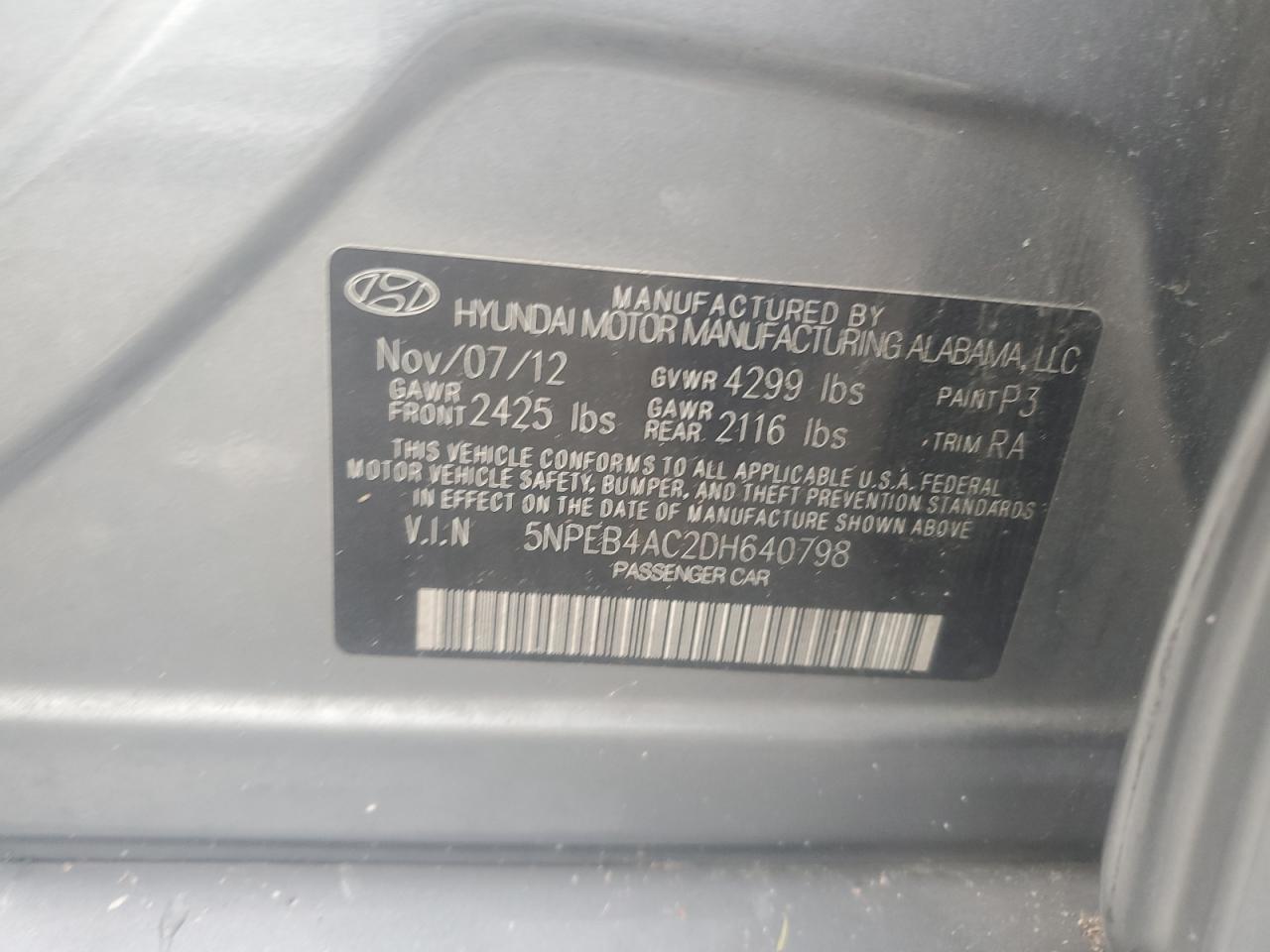 2013 Hyundai Sonata Gls VIN: 5NPEB4AC2DH640798 Lot: 66759624