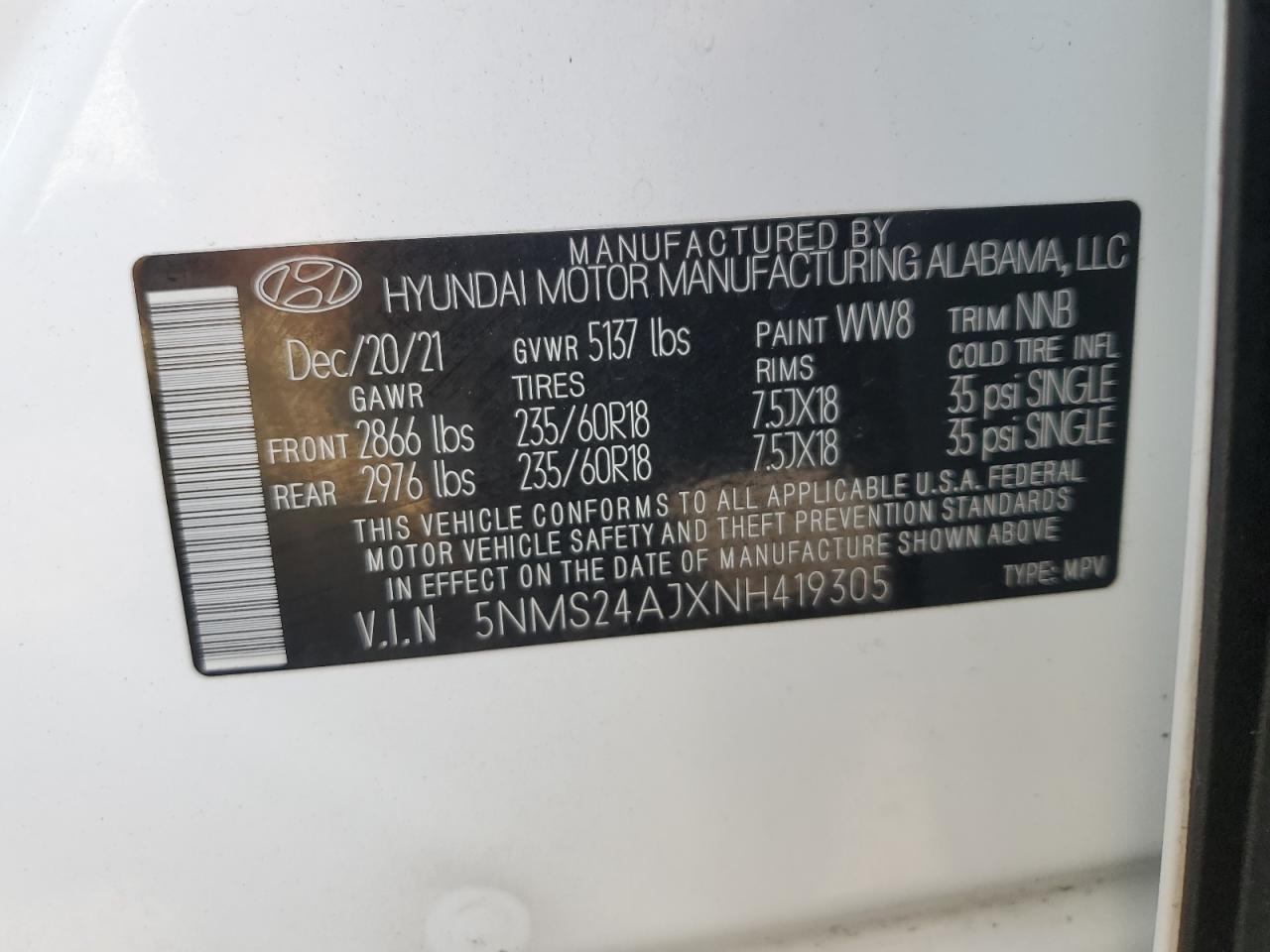 5NMS24AJXNH419305 2022 Hyundai Santa Fe Sel