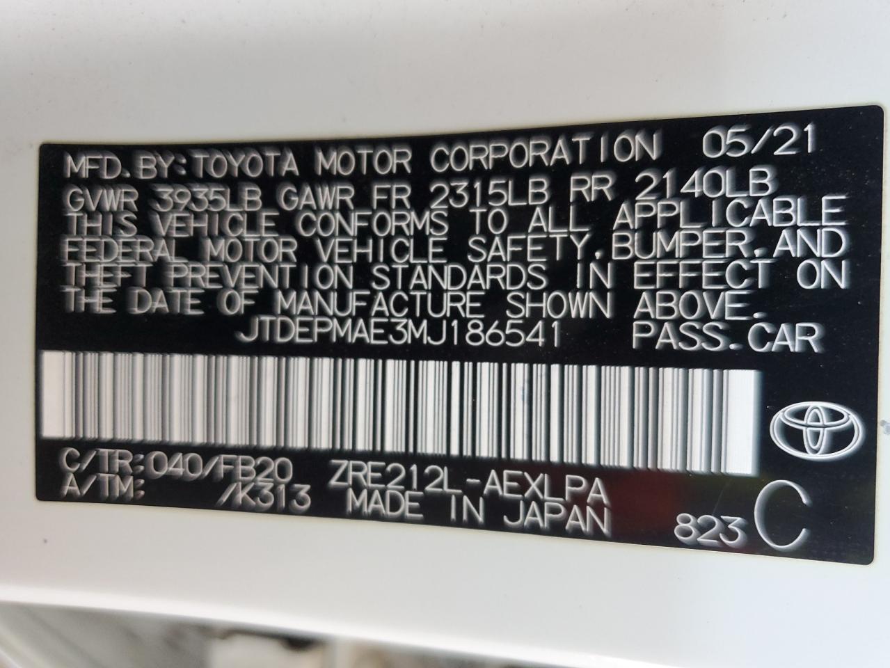 JTDEPMAE3MJ186541 2021 Toyota Corolla Le