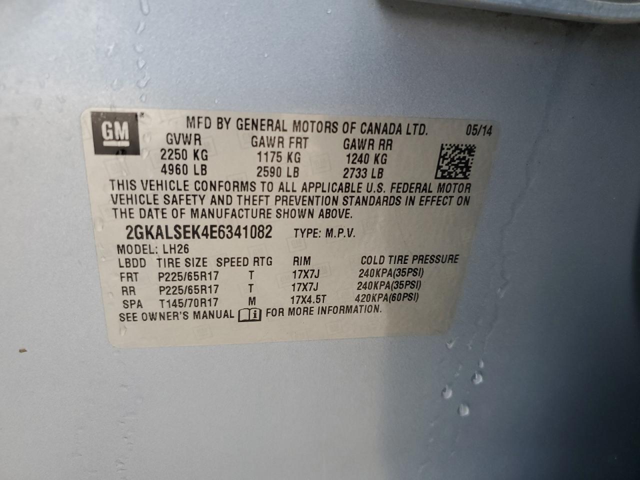 2014 GMC Terrain Slt VIN: 2GKALSEK4E6341082 Lot: 67751284