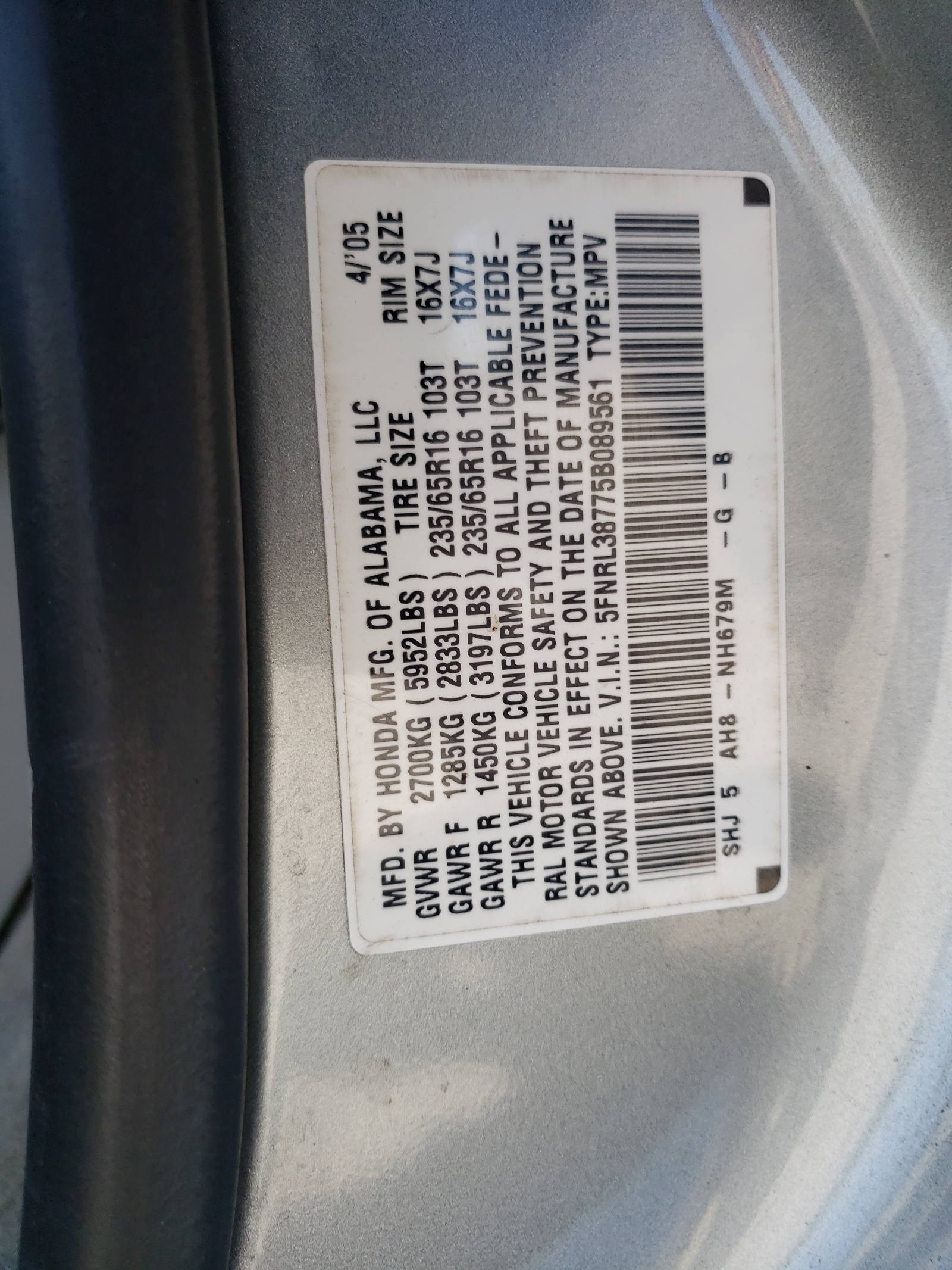 5FNRL38775B089561 2005 Honda Odyssey Exl