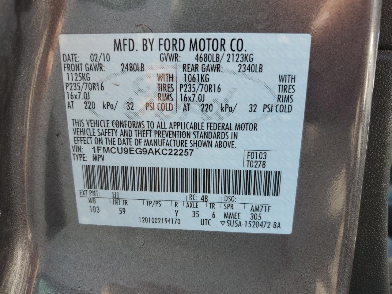 1FMCU9EG9AKC22257 2010 Ford Escape Limited