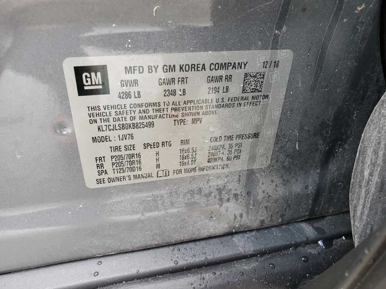 2019 Chevrolet Trax 1Lt VIN: KL7CJLSB0KB825499 Lot: 68144774