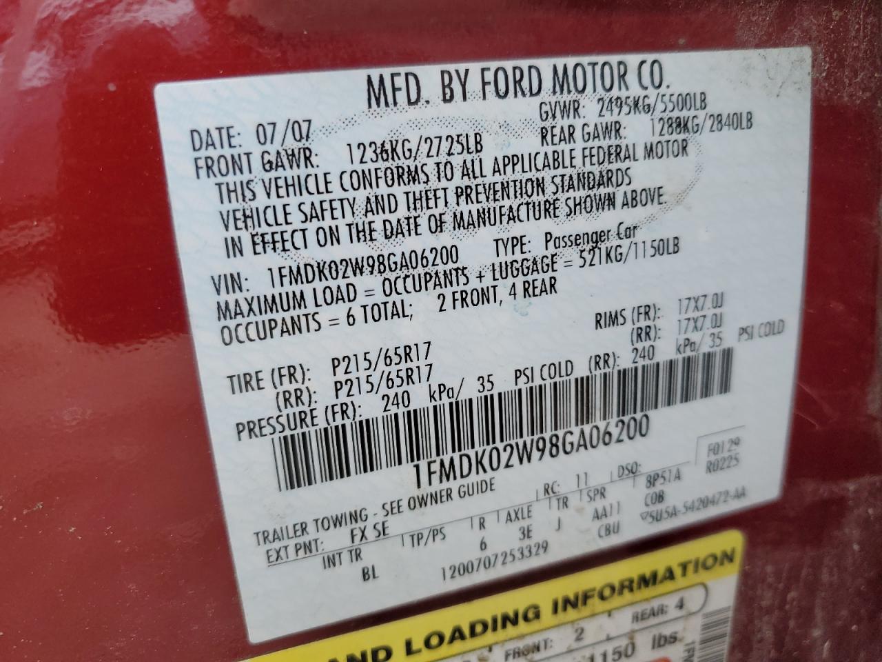 2008 Ford Taurus X Sel VIN: 1FMDK02W98GA06200 Lot: 66553884