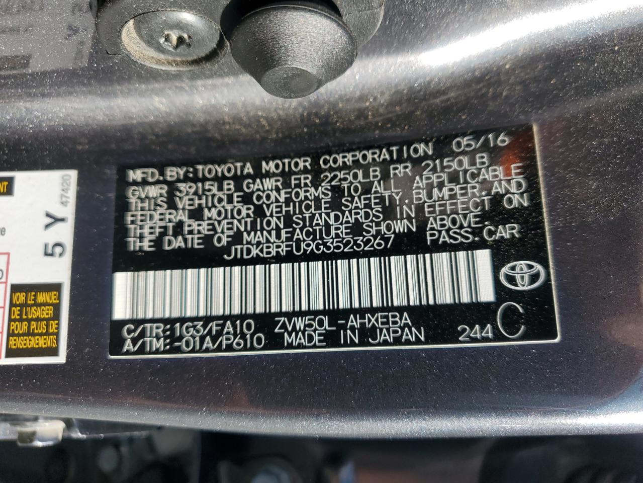 JTDKBRFU9G3523267 2016 Toyota Prius