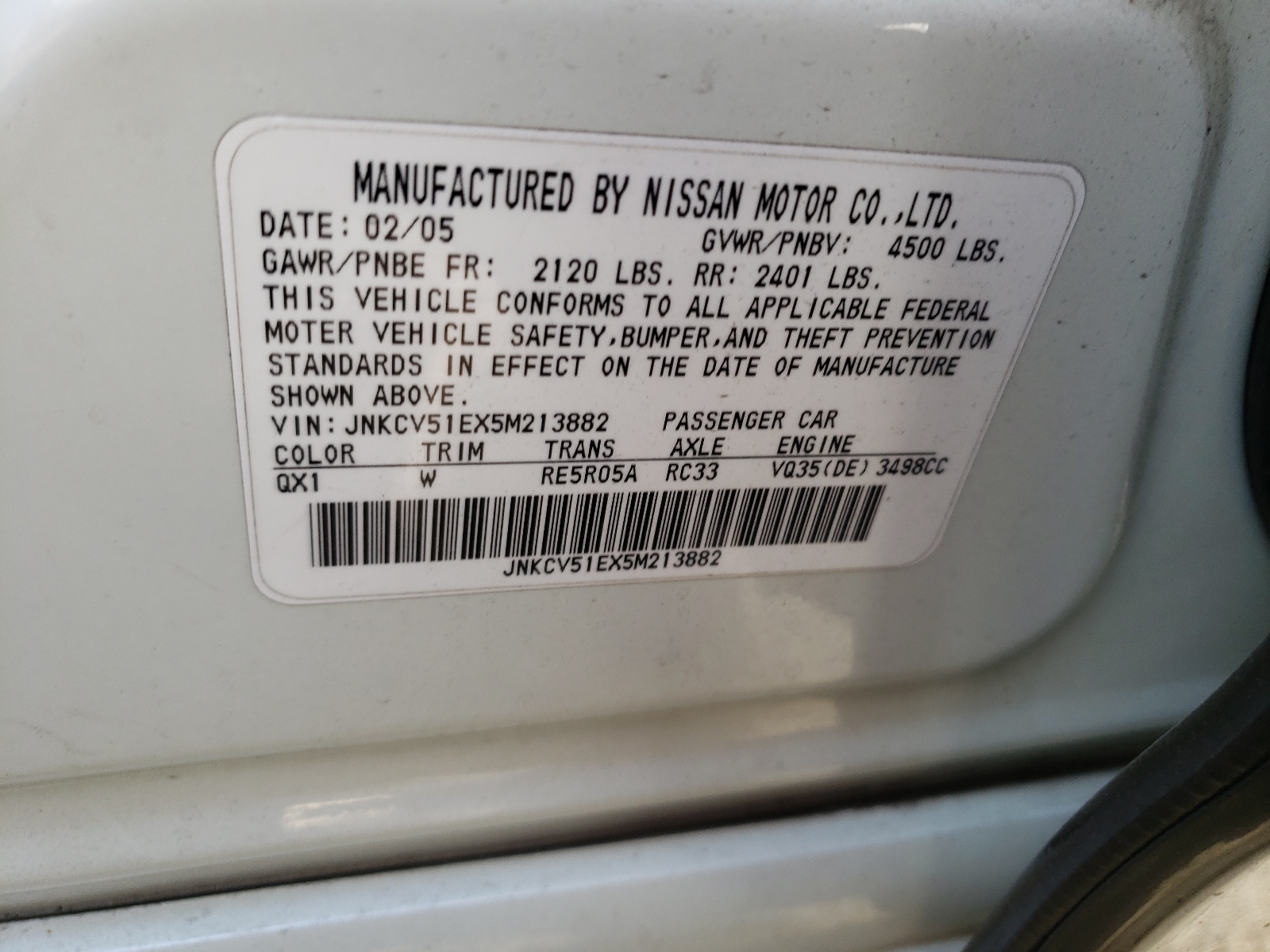 JNKCV51EX5M213882 2005 Infiniti G35