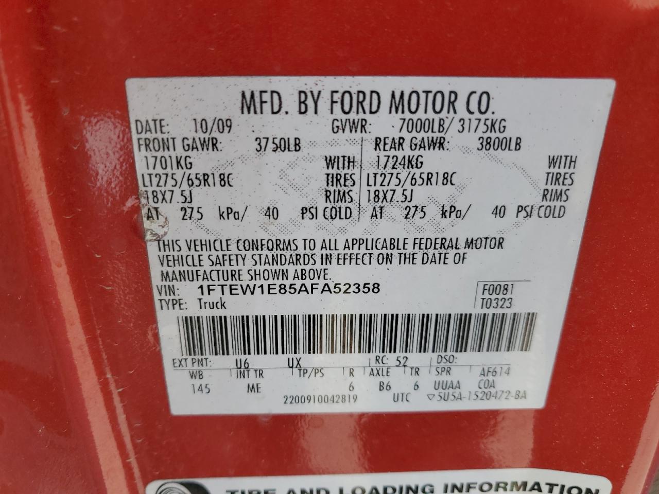 2010 Ford F150 Supercrew VIN: 1FTEW1E85AFA52358 Lot: 59170214