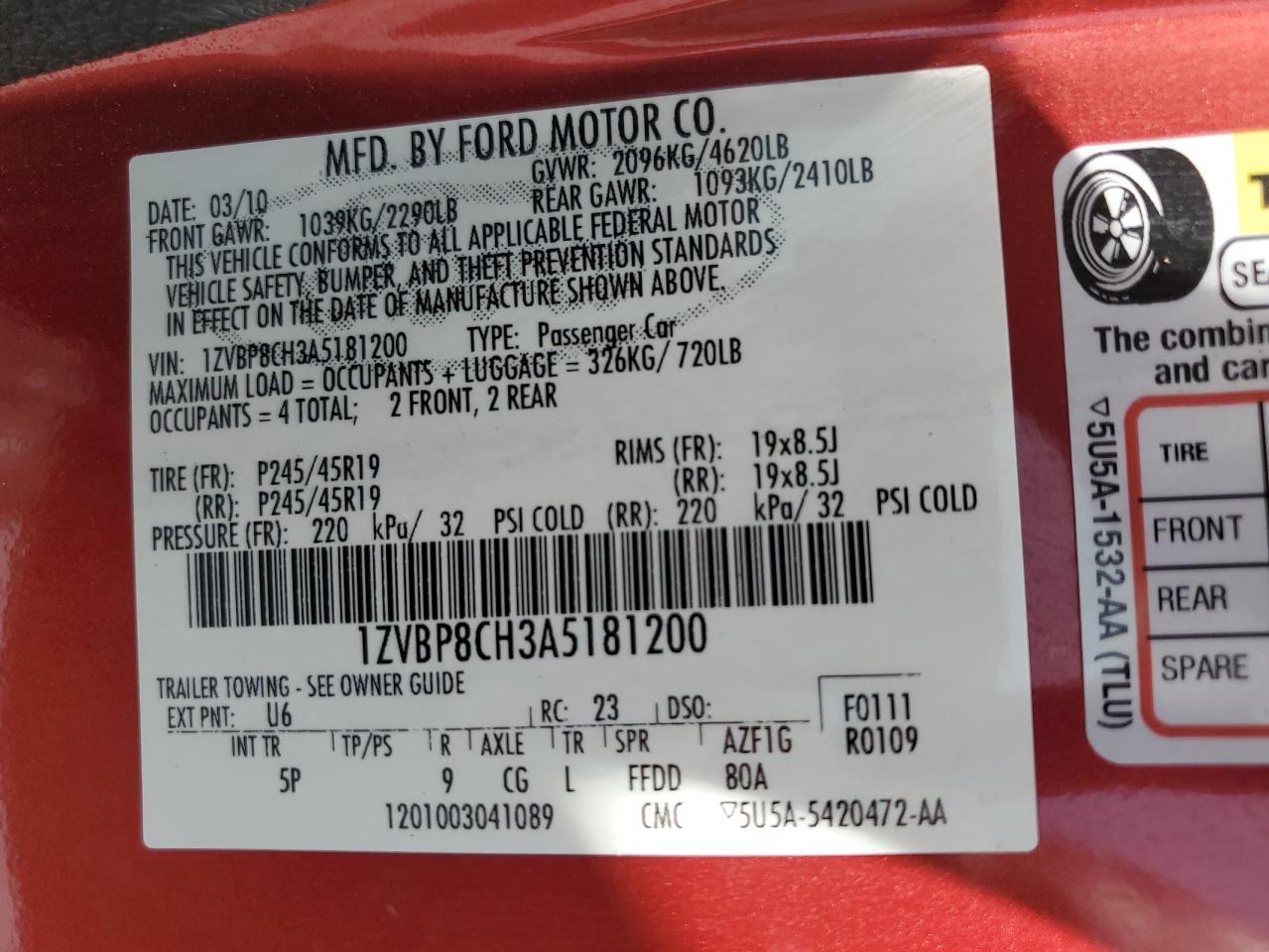 2010 Ford Mustang Gt VIN: 1ZVBP8CH3A5181200 Lot: 65475494