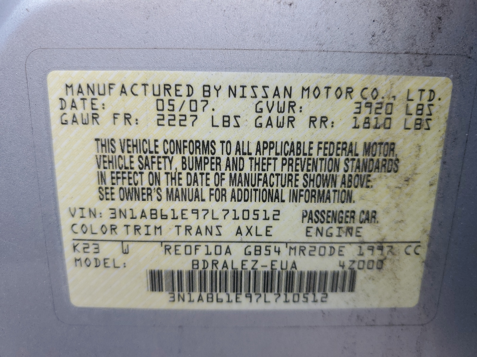 3N1AB61E97L710512 2007 Nissan Sentra 2.0