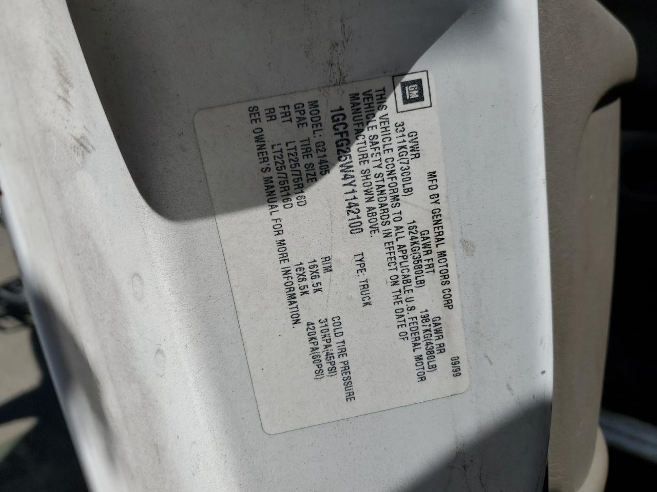 2000 Chevrolet Express G2500 VIN: 1GCFG25W4Y1142100 Lot: 65559254