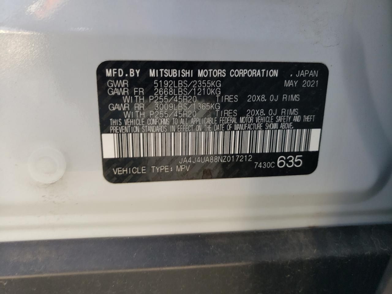 2022 Mitsubishi Outlander Se VIN: JA4J4UA88NZ017212 Lot: 69219334