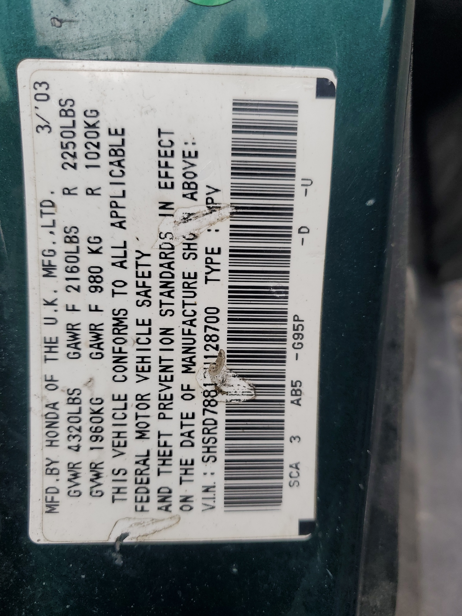 SHSRD78813U128700 2003 Honda Cr-V Ex