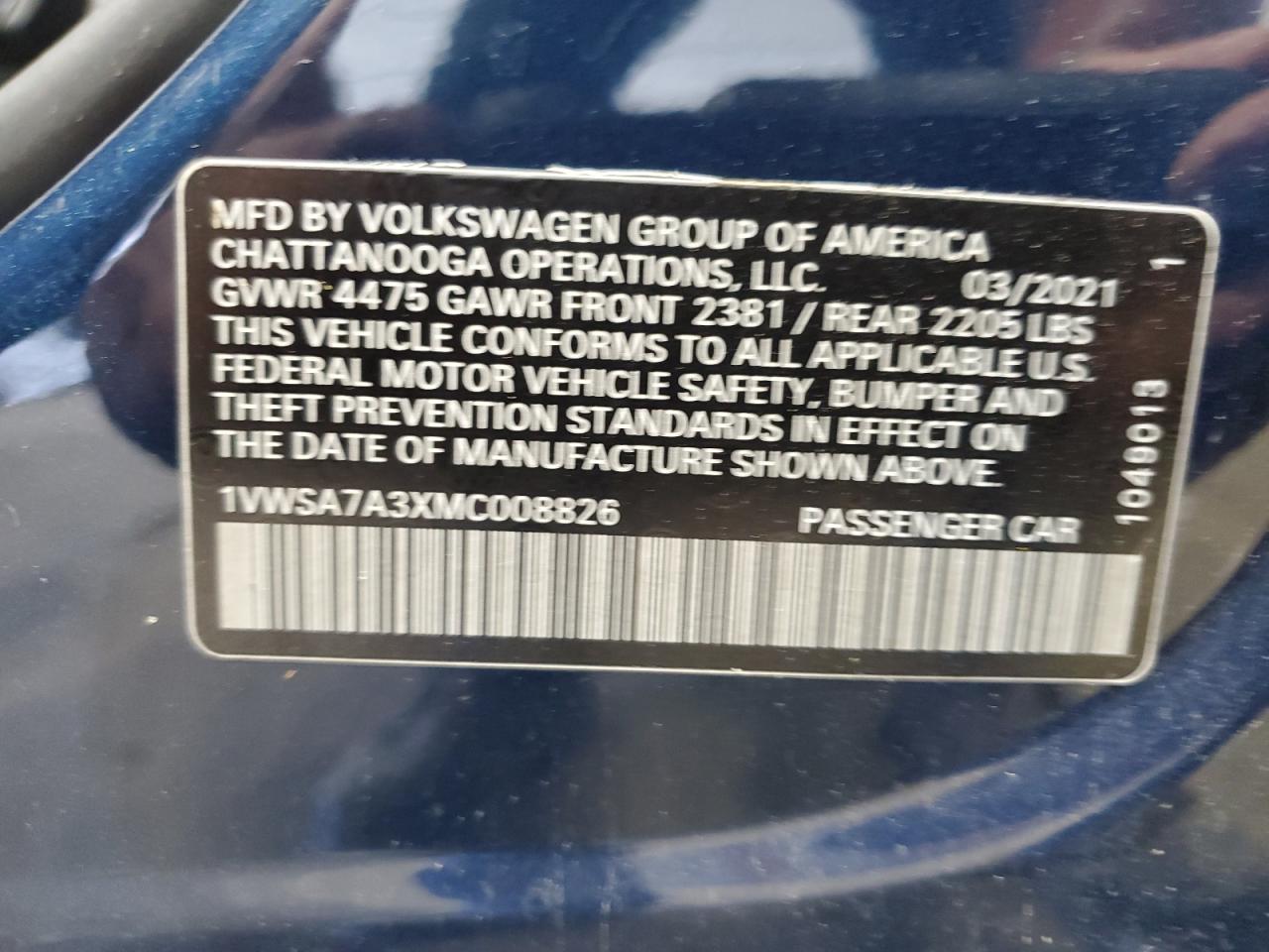 1VWSA7A3XMC008826 2021 Volkswagen Passat Se