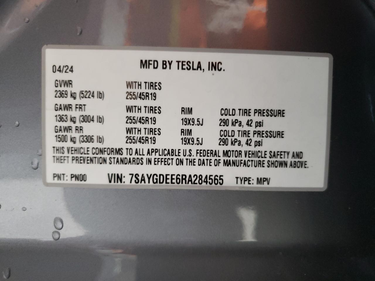 2024 Tesla Model Y VIN: 7SAYGDEE6RA284565 Lot: 66572854