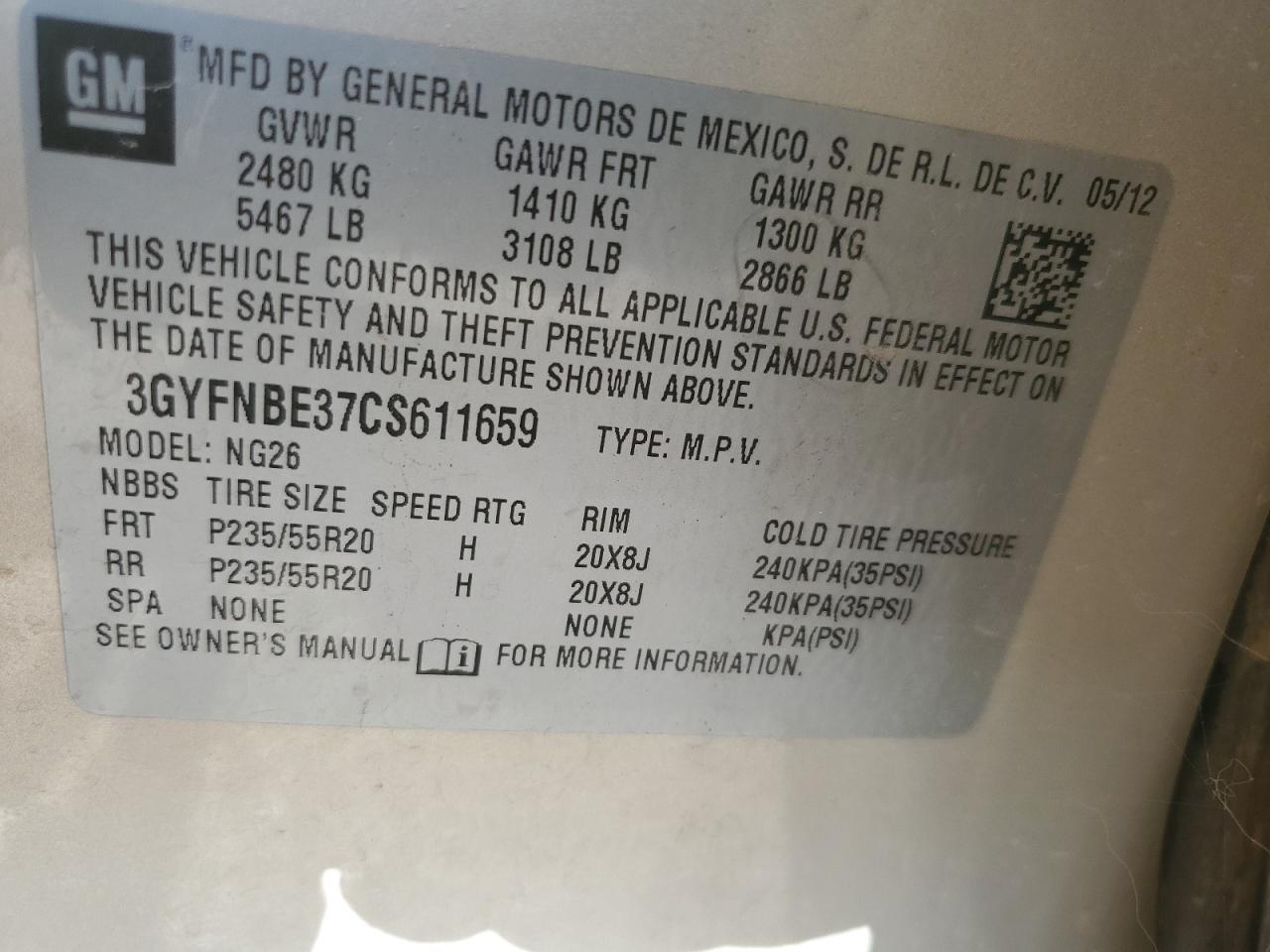 2012 Cadillac Srx Performance Collection VIN: 3GYFNBE37CS611659 Lot: 67156474