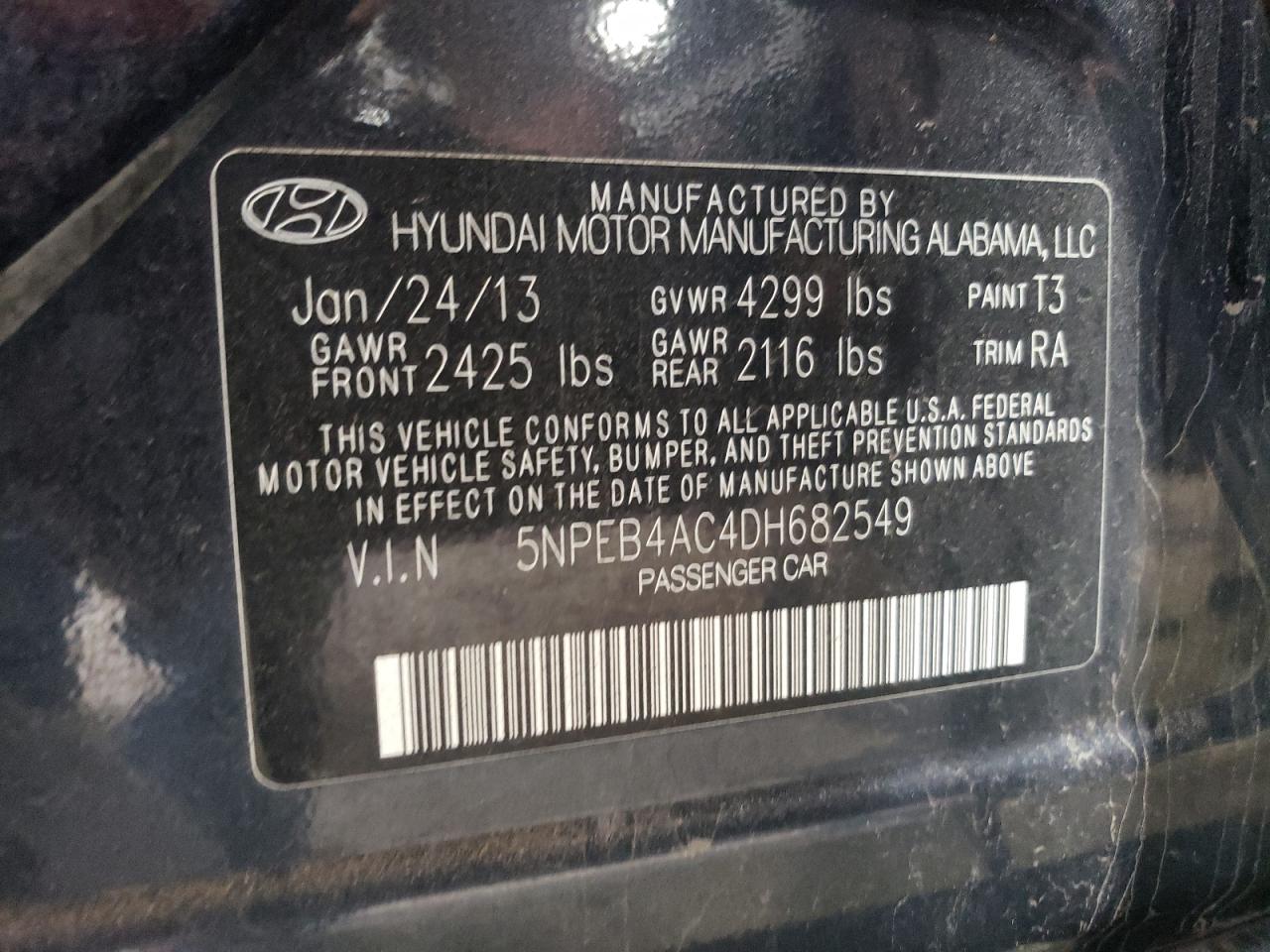 2013 Hyundai Sonata Gls VIN: 5NPEB4AC4DH682549 Lot: 65932814